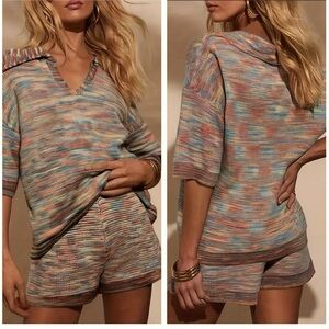 NWOT Chic Multicolor V-Neck Sweater & Shorts Set for Women. Size Large.